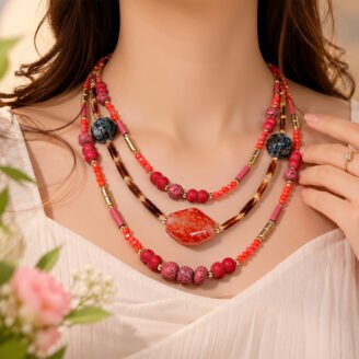 Coral Agate Triple Strand Collar