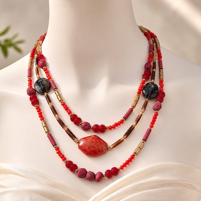 Coral-Agate-Triple-Strand-Collar-4