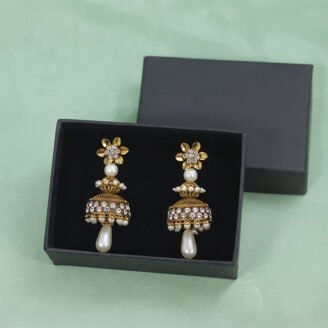 Golden Blossom Pearl Jhumka Earrings