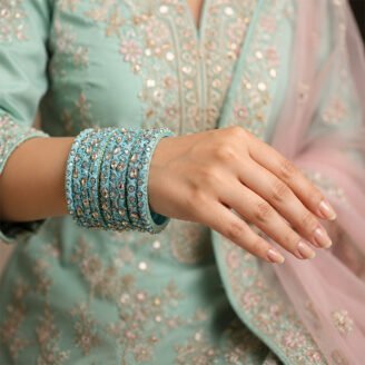 Sky Blue Kundan Designer Bangle Set